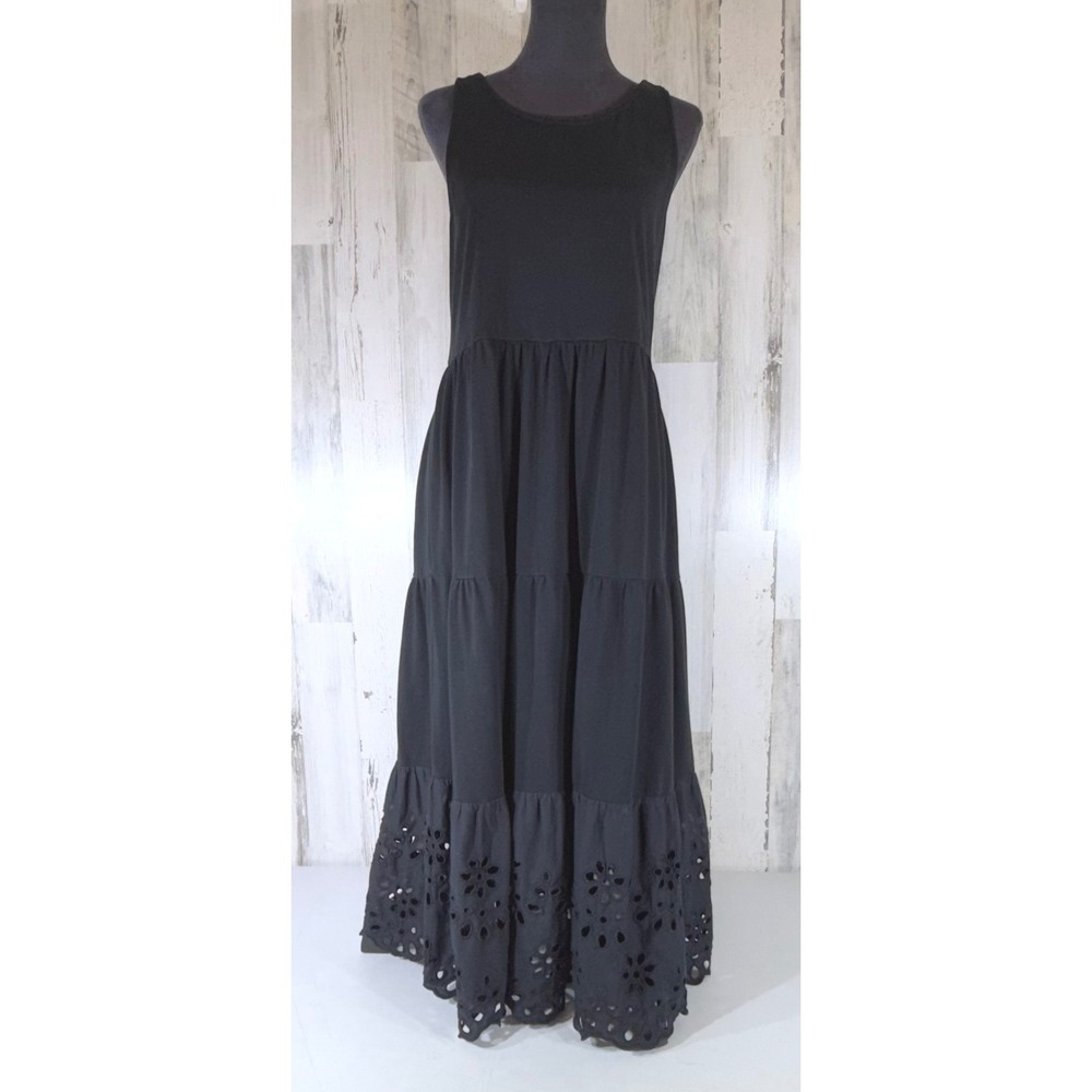 J Crew Maxi Tank Dress Large Black Cotton Eyelet Tiered Crisscross Back Boho